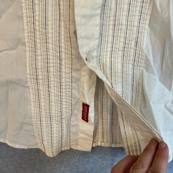 Guess Men M Pleated Button Down Short Sleeve Creamy Stripe - Picture 6 of 13